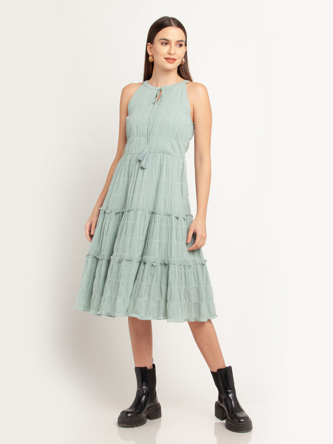 Green Solid Pleated Midi Dress