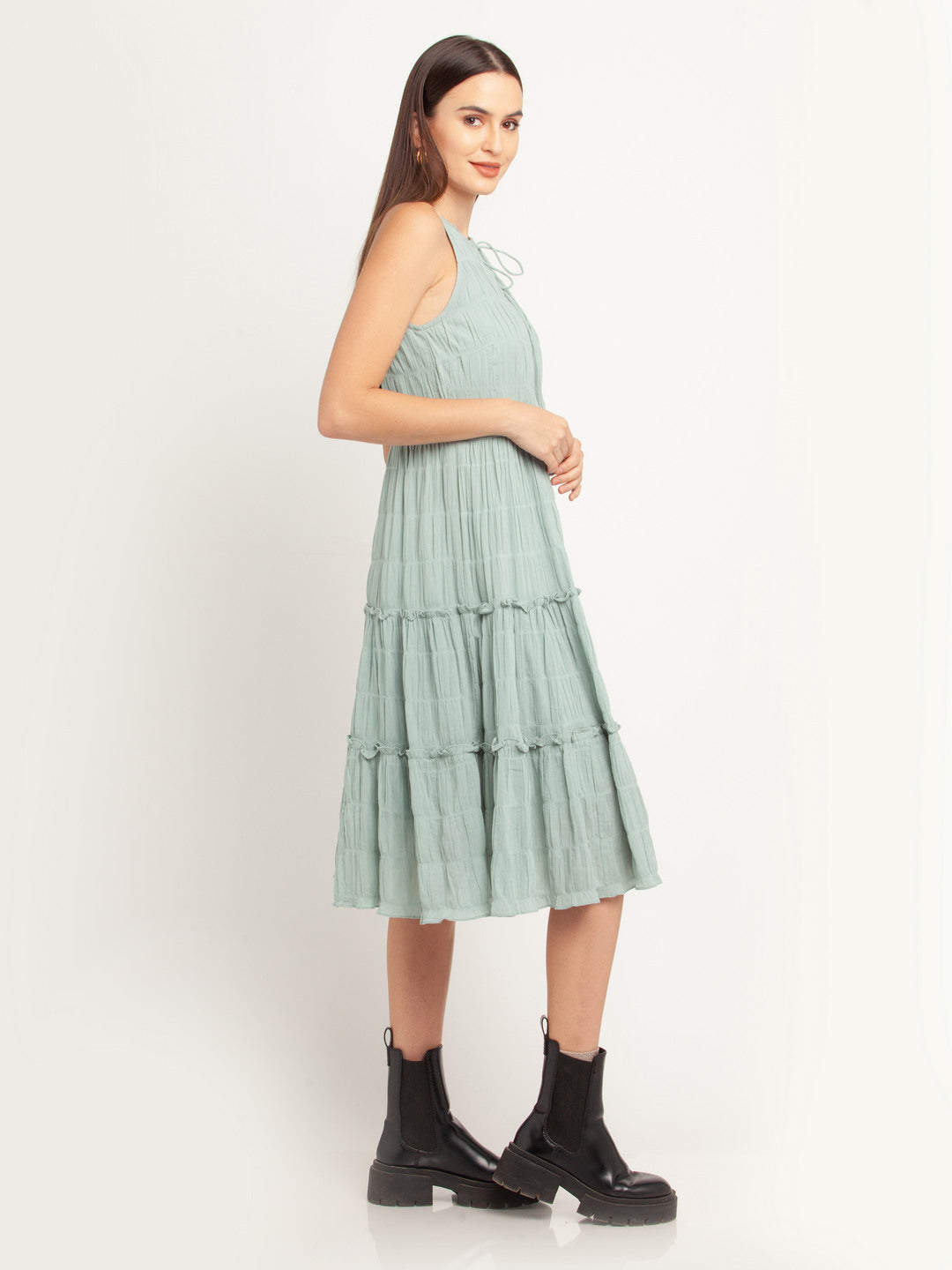 Green Solid Pleated Midi Dress