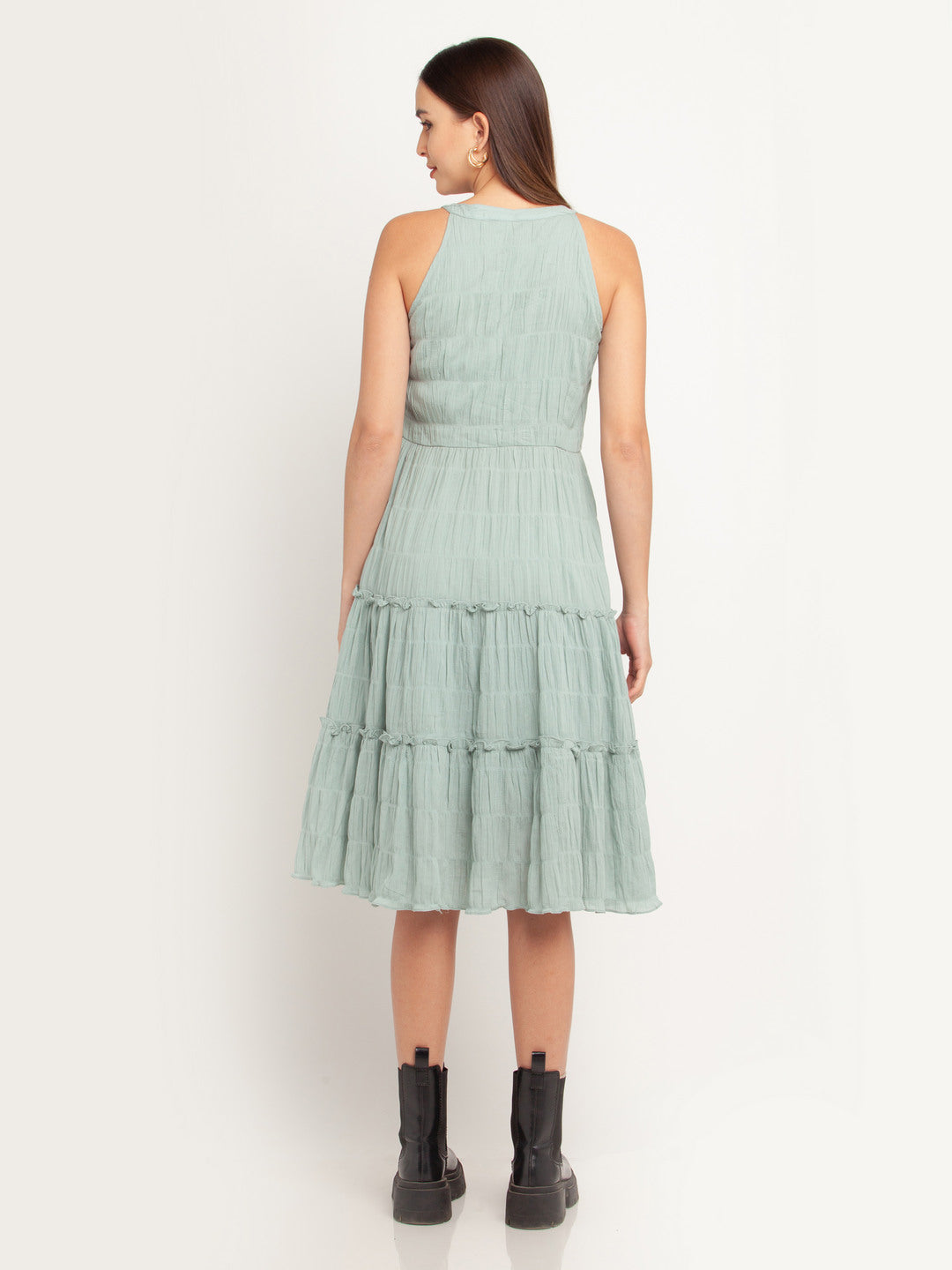 Green Solid Pleated Midi Dress