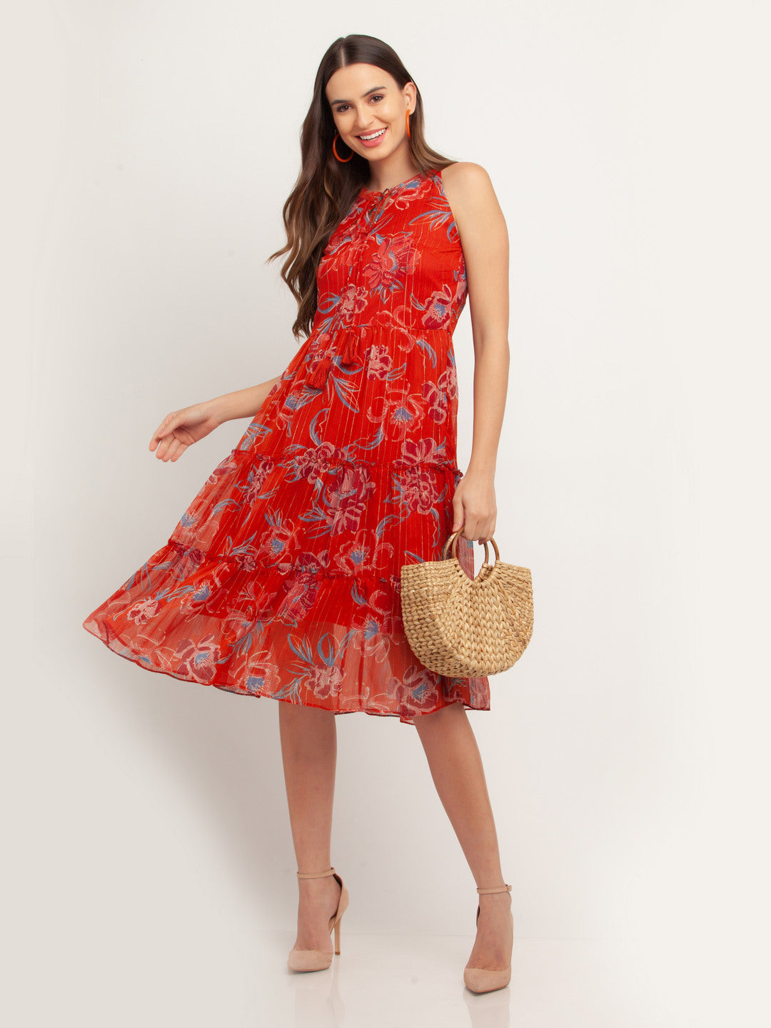 Rust Printed Tie-Up Midi Dress