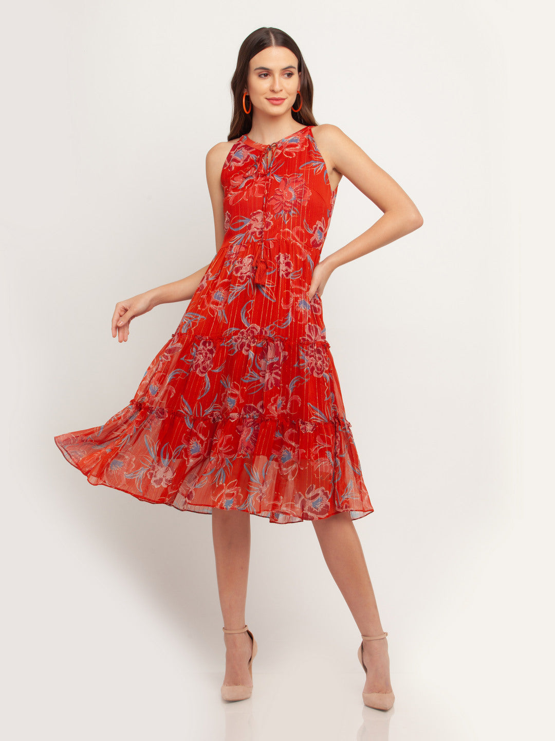 Rust Printed Tie-Up Midi Dress