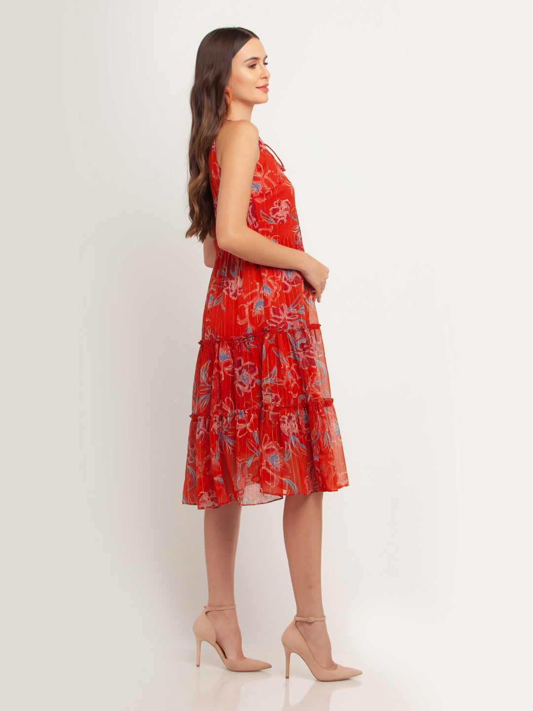 Rust Printed Tie-Up Midi Dress