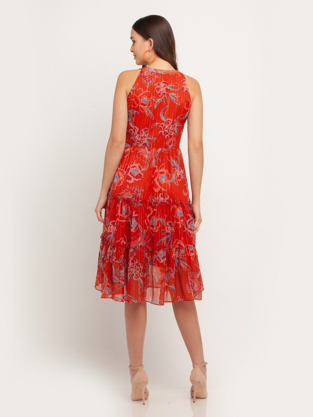 Rust Printed Tie-Up Midi Dress