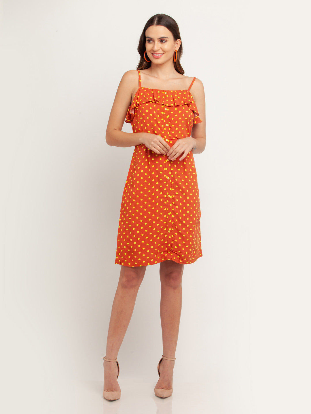 Orange Printed Ruffled Short Dress For Women