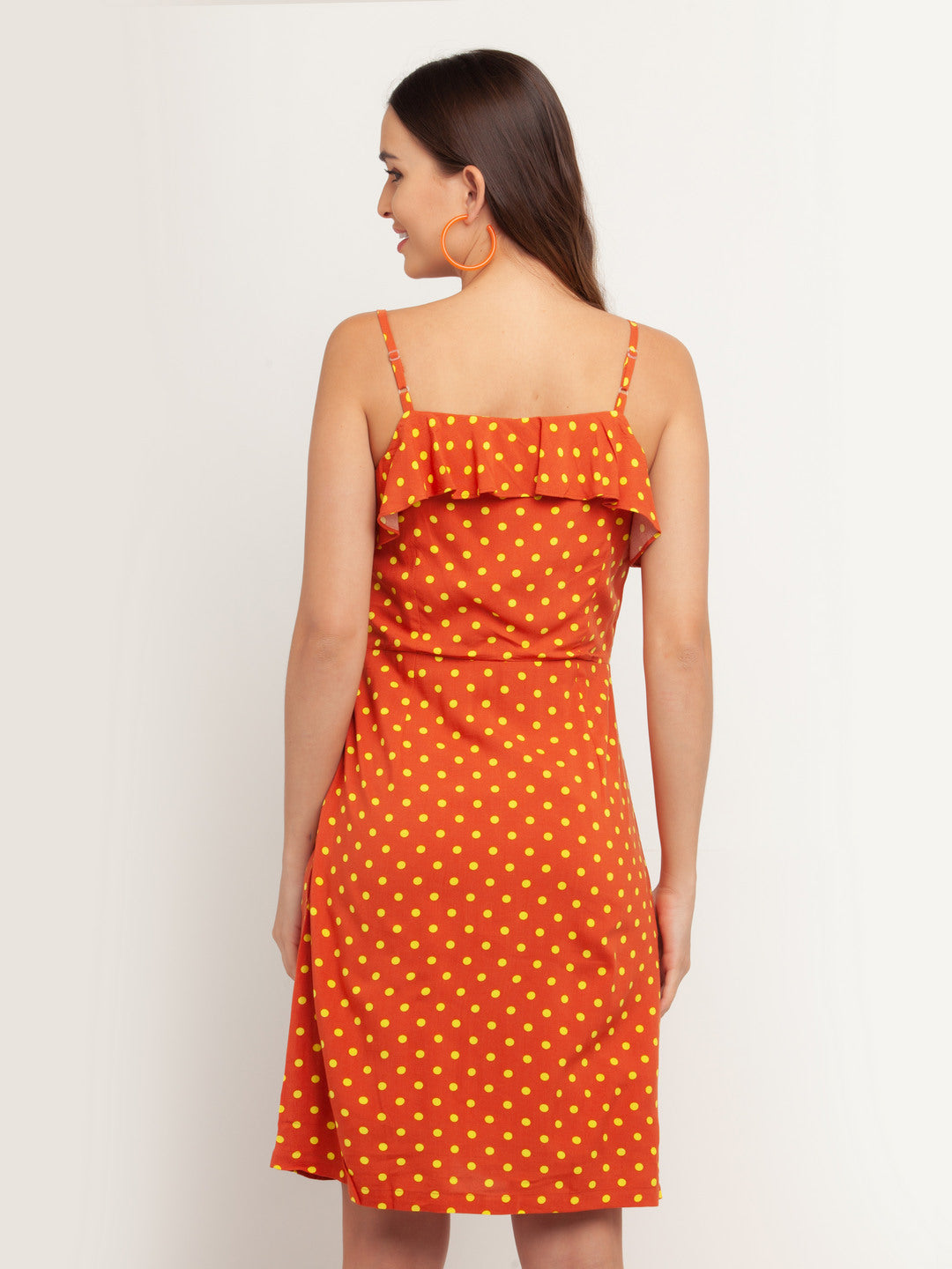 Orange Printed Ruffled Short Dress