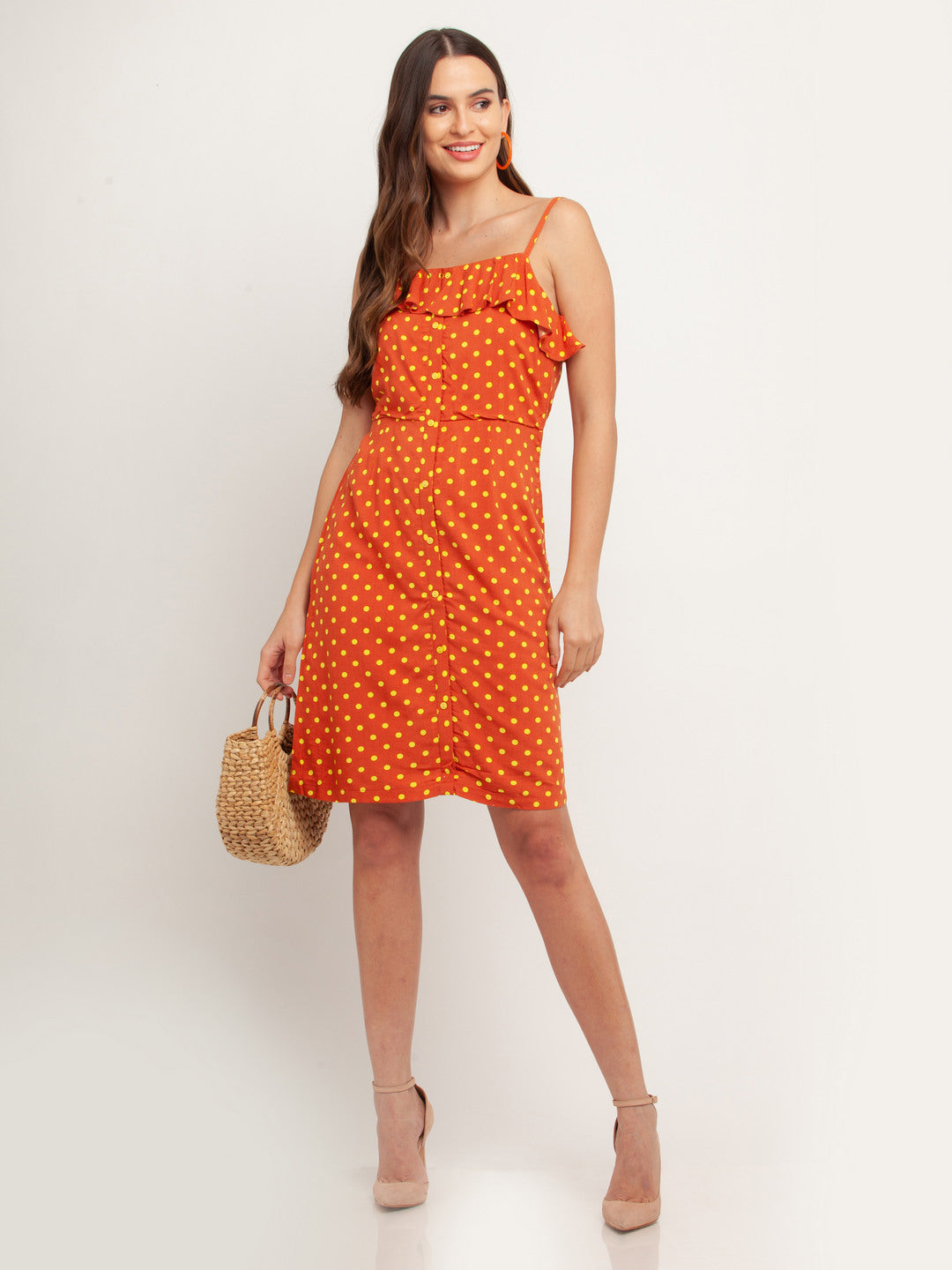 Orange Printed Ruffled Short Dress For Women