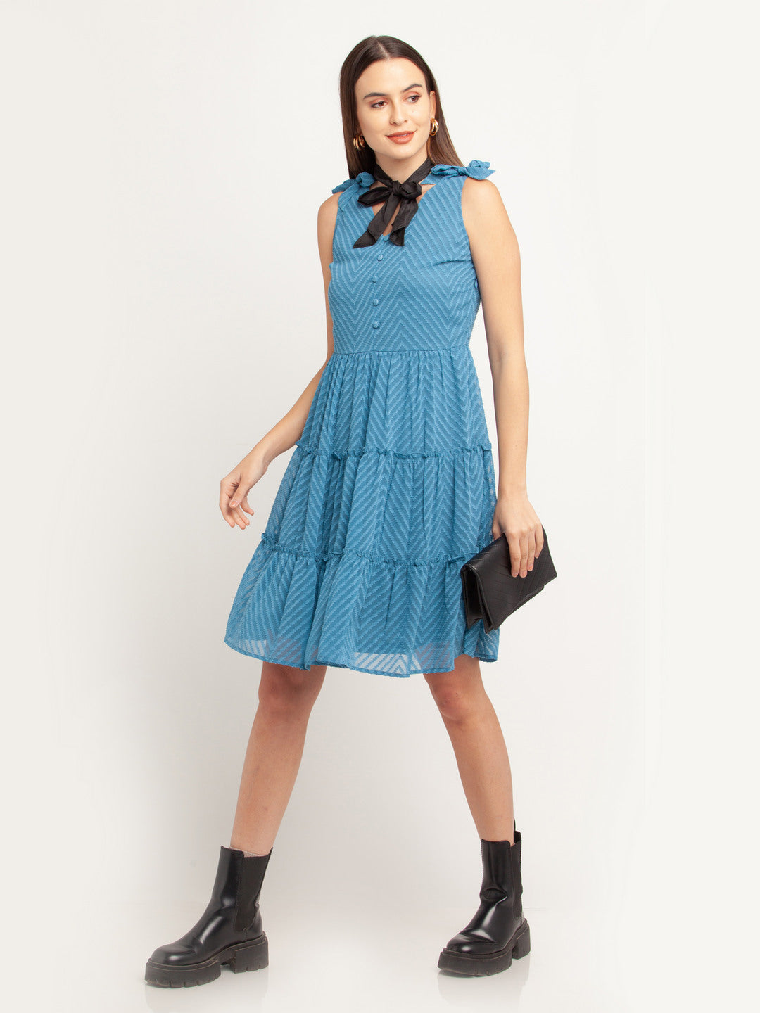 Blue Solid Tiered Short Dress For Women