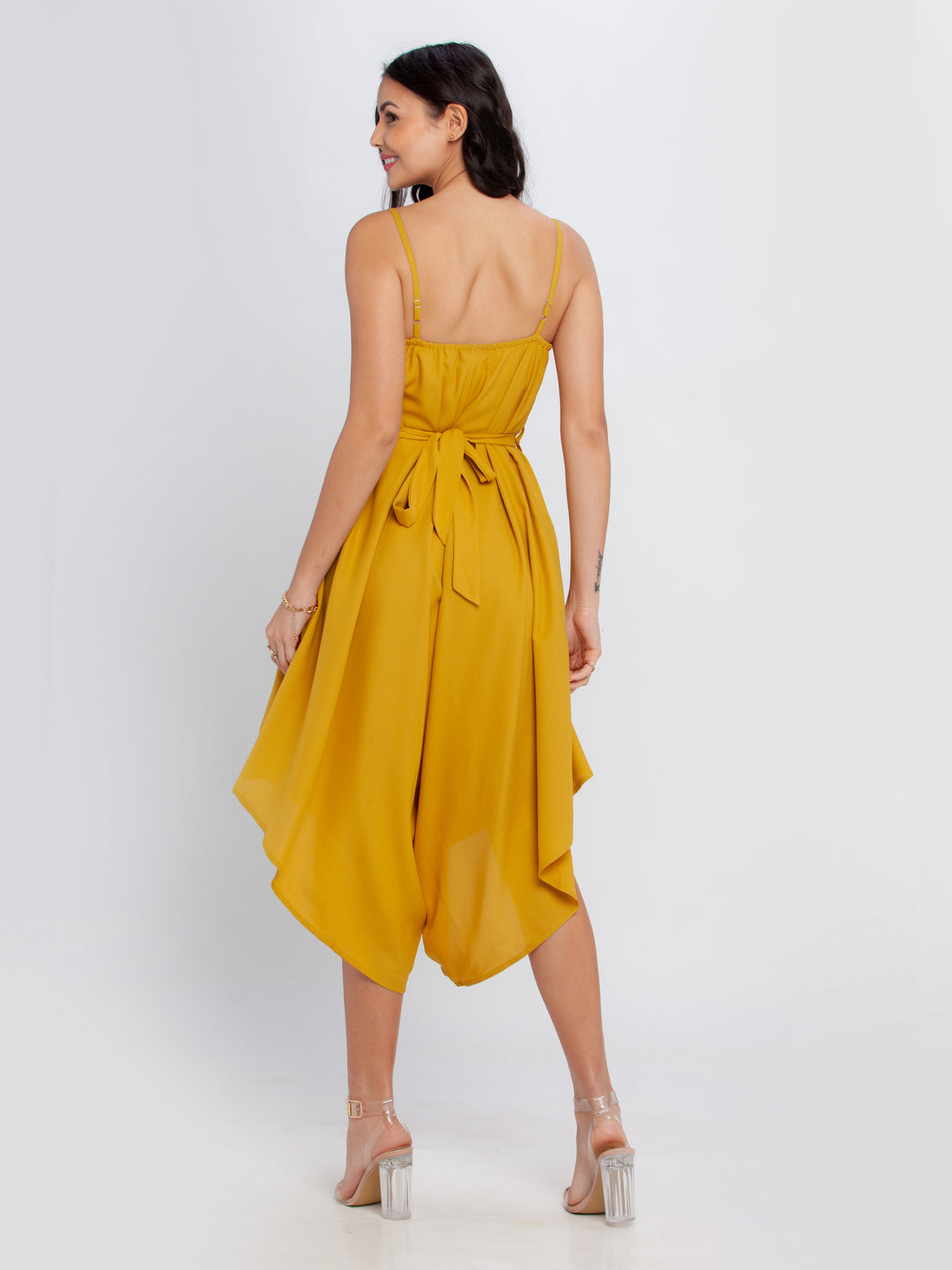 Mustard Solid Strappy Culotte Jumpsuit For Women