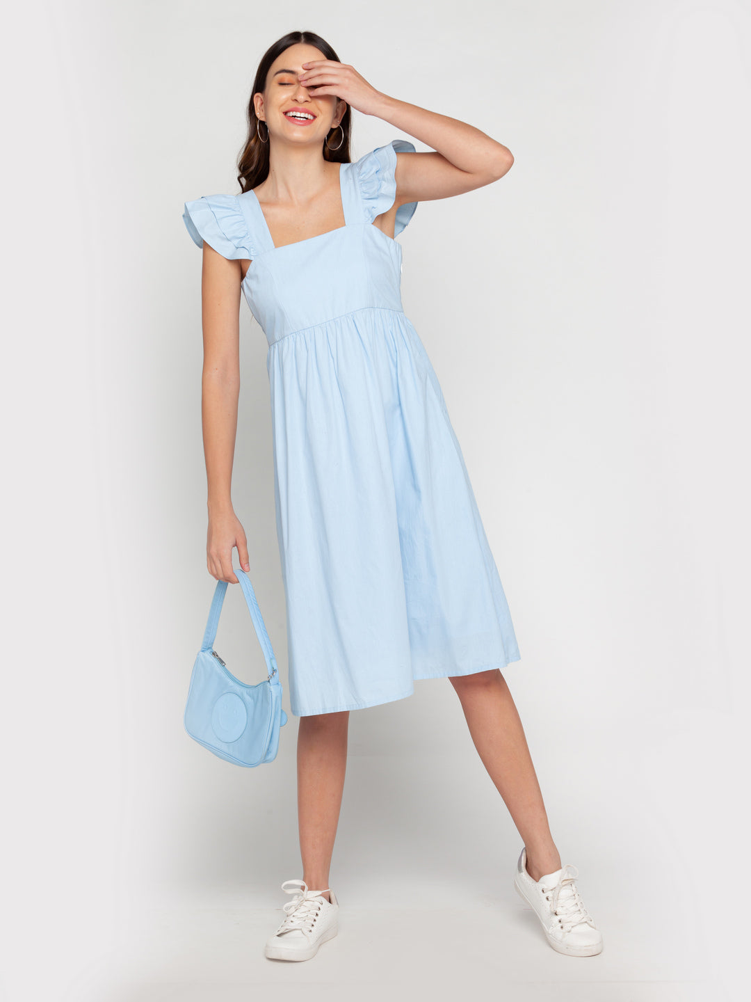 Blue Solid Ruffled Midi Dress