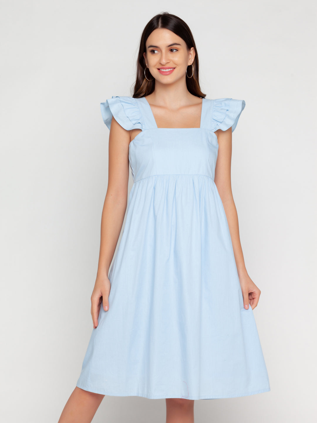 Blue Solid Ruffled Midi Dress