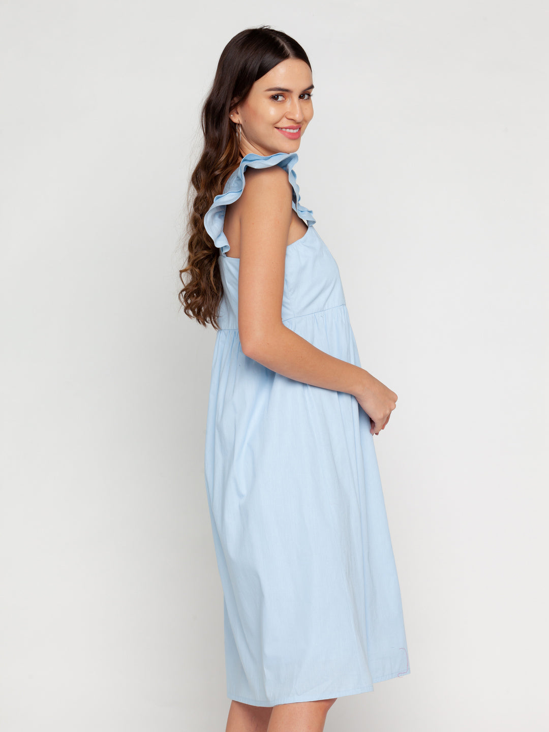 Blue Solid Ruffled Midi Dress