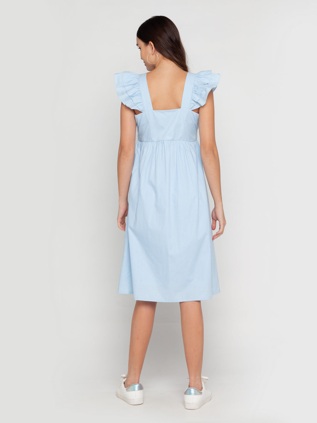 Blue Solid Ruffled Midi Dress