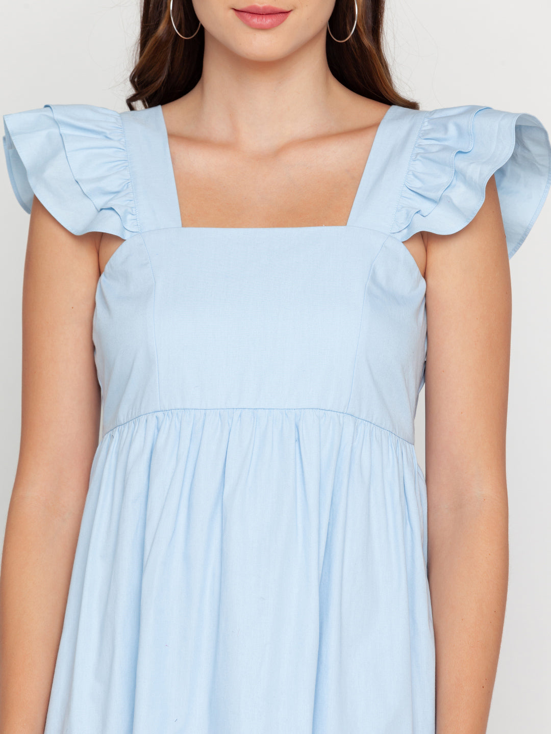 Blue Solid Ruffled Midi Dress