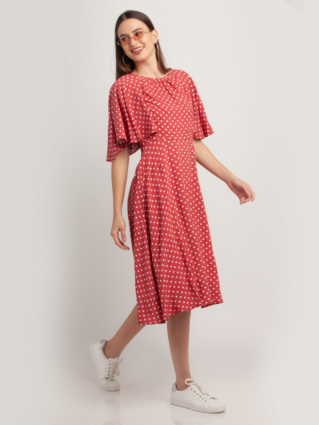 Pink Printed Flared Sleeve Midi Dress