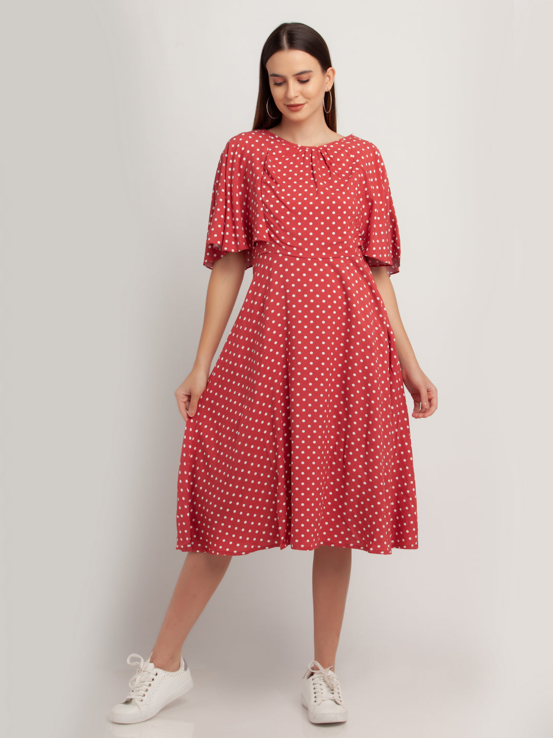 Pink Printed Flared Sleeve Midi Dress