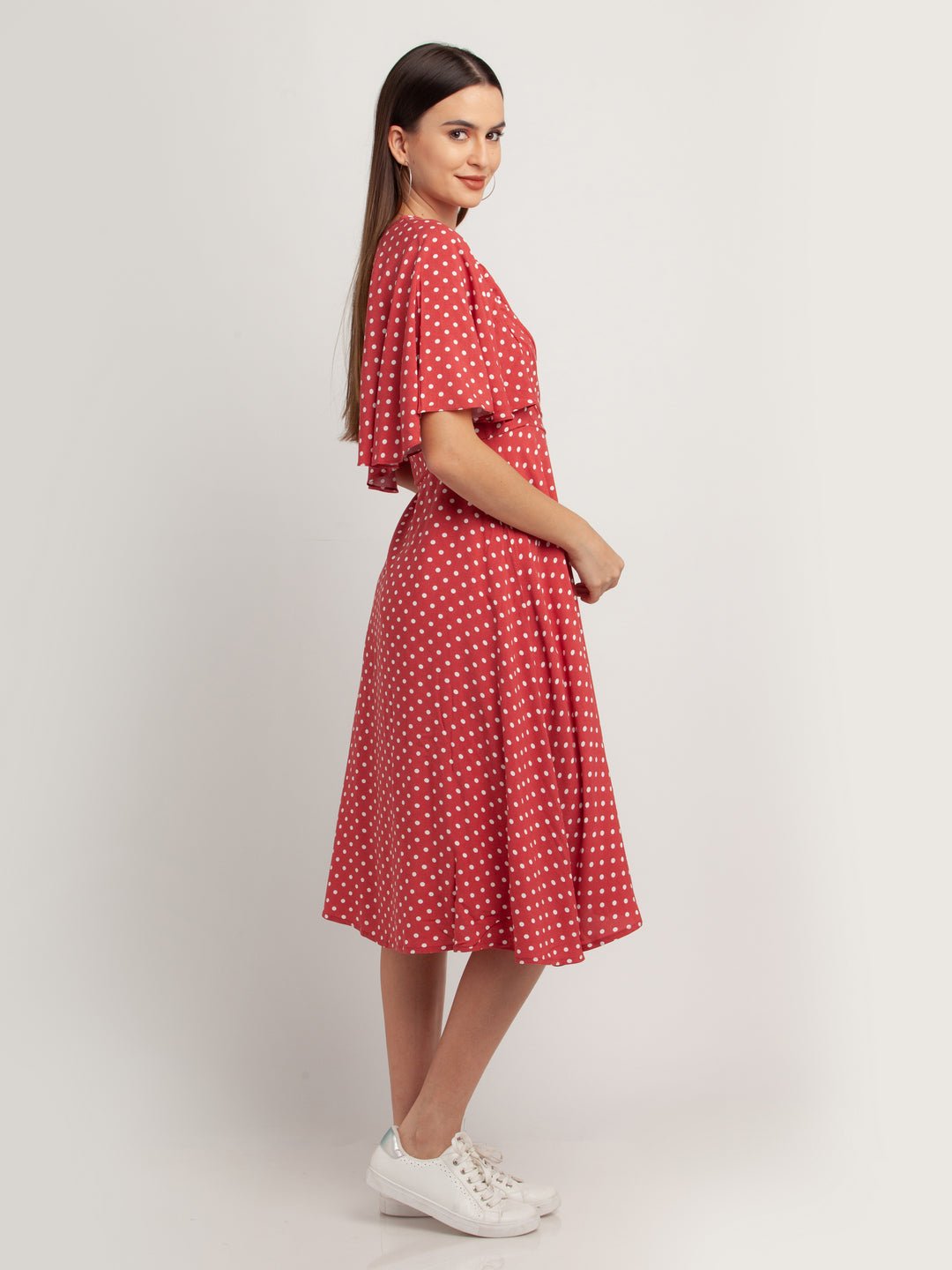 Pink Printed Flared Sleeve Midi Dress