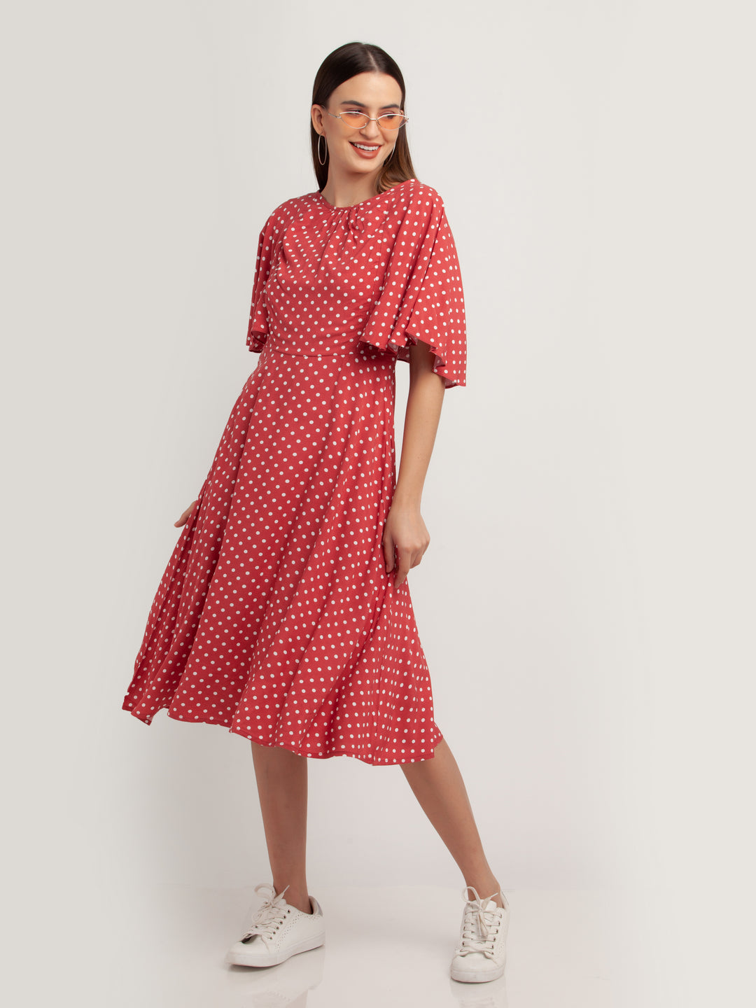 Pink Printed Flared Sleeve Midi Dress