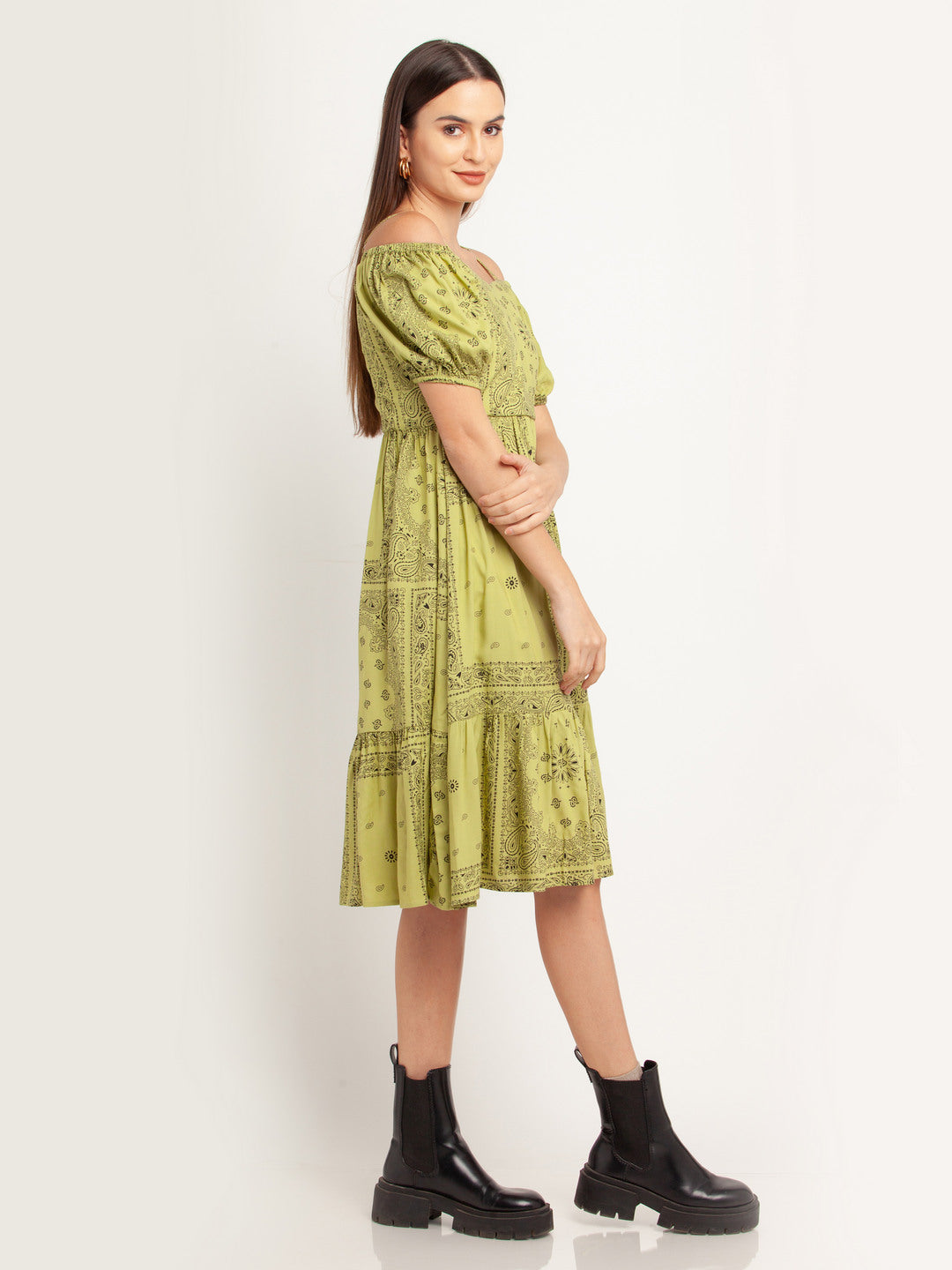Green Printed Puff Sleeve Midi Dress For Women