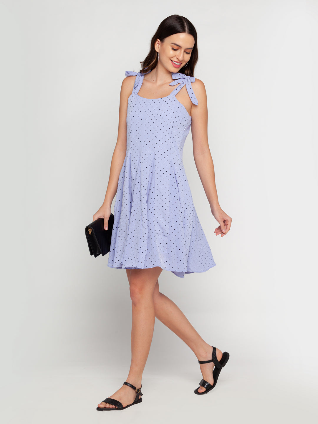 Blue Printed Strappy Short Dress For Women
