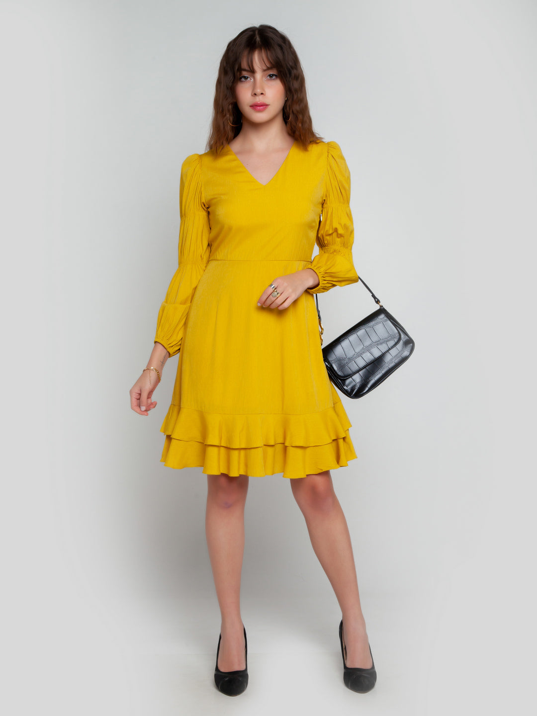 Mustard Solid Elasticated Short Dress For Women