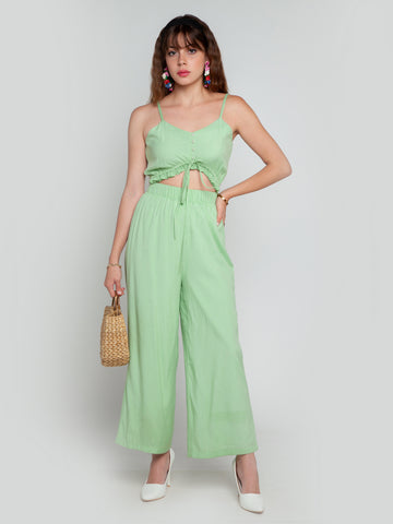 Green Solid Tie-Up Jumpsuit For Women