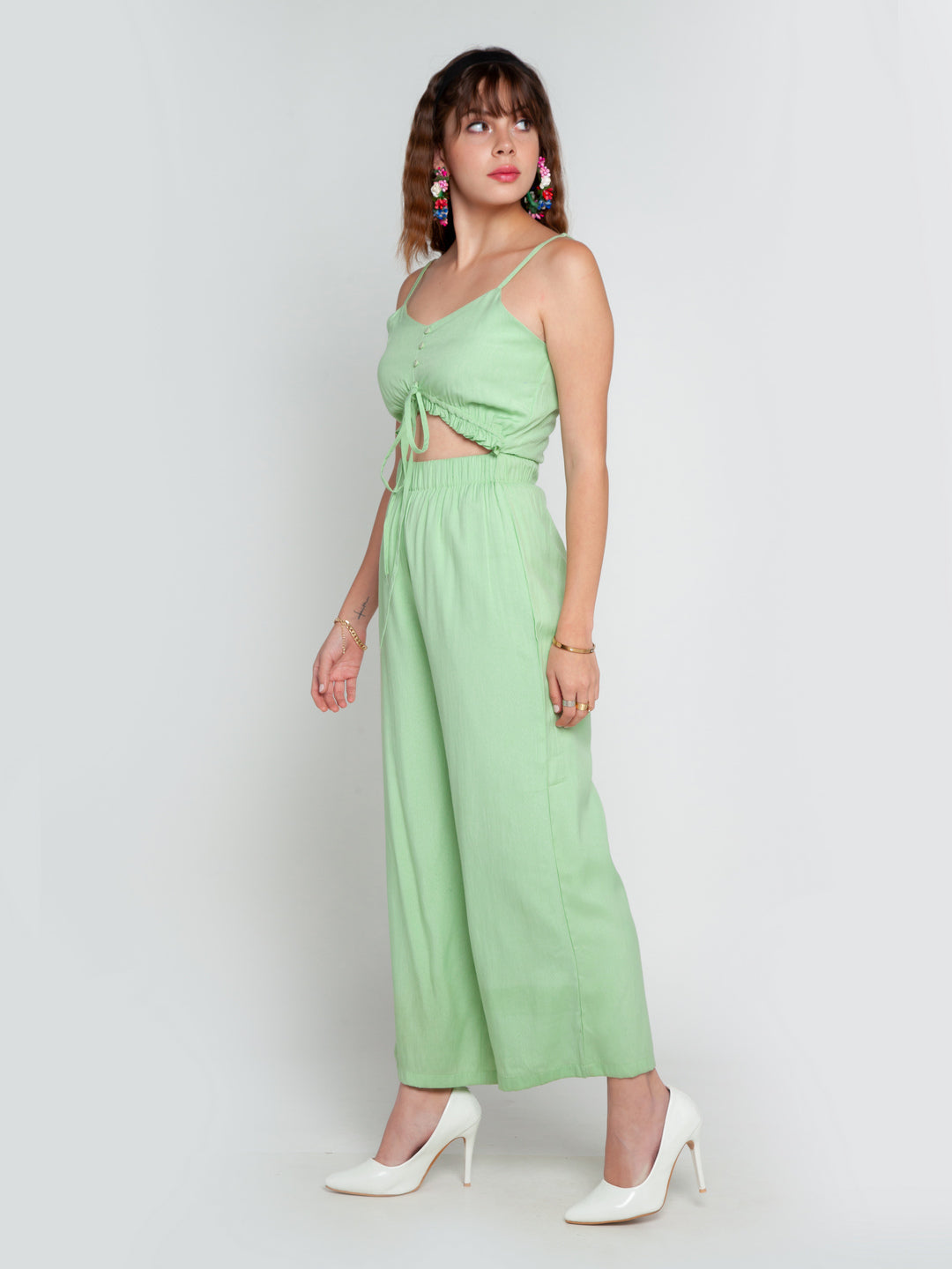 Green Solid Tie-Up Jumpsuit For Women