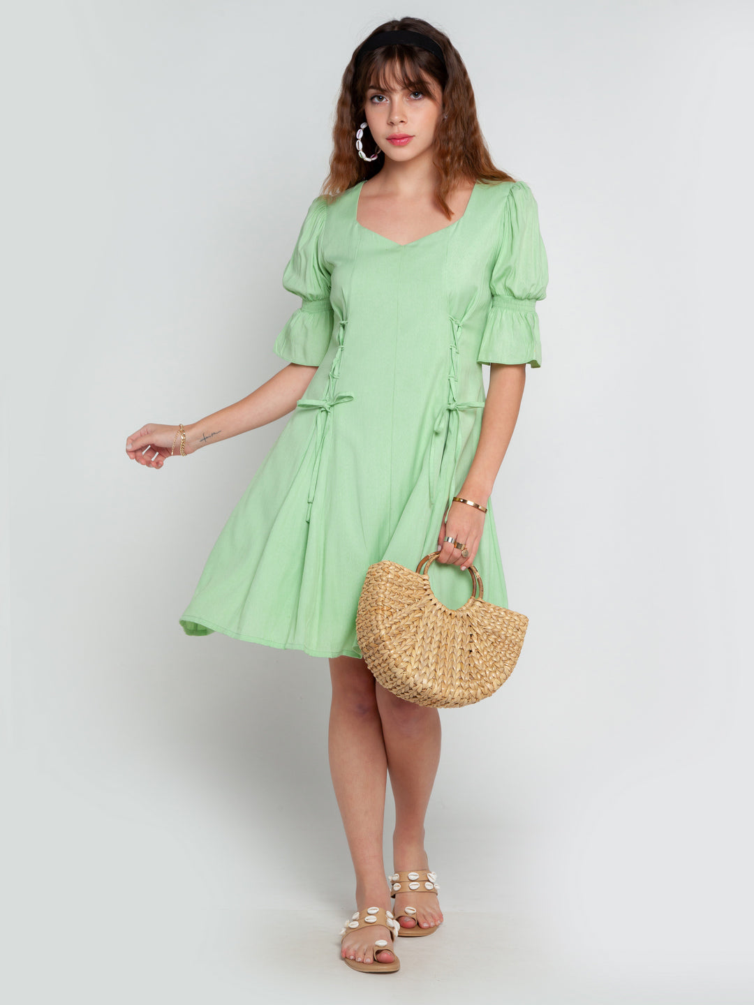 Green Solid Puff Sleeve Short Dress