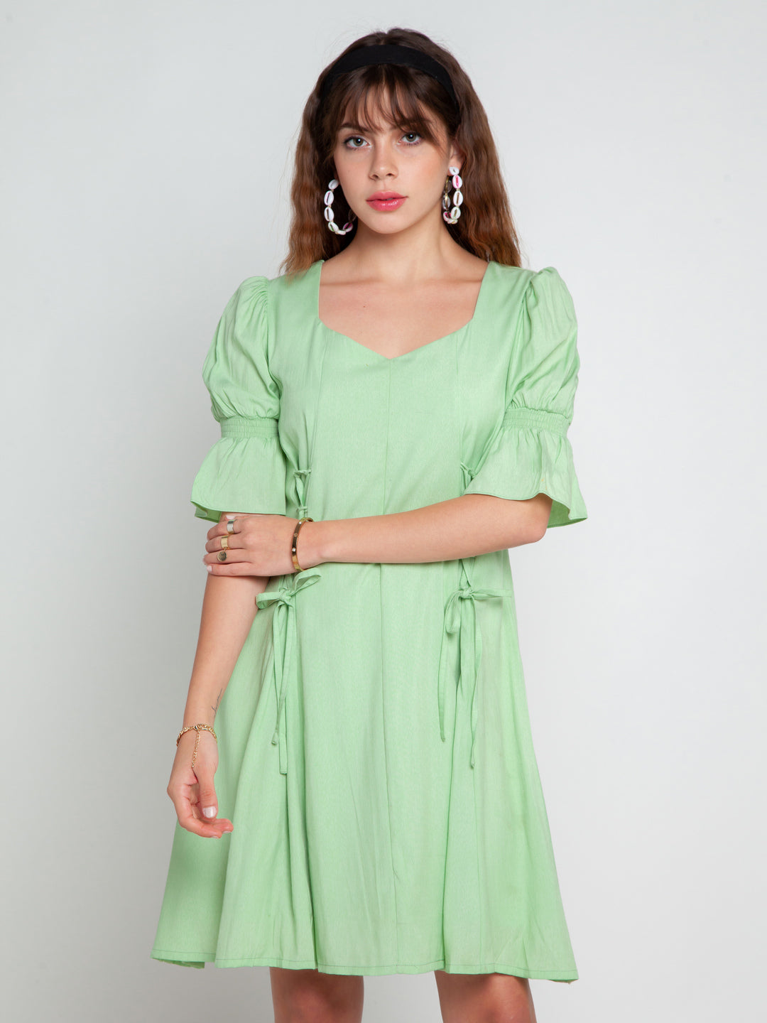 Green Solid Puff Sleeve Short Dress