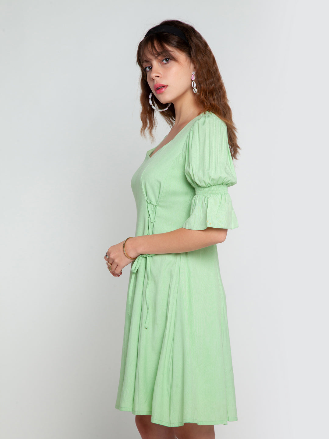 Green Solid Puff Sleeve Short Dress