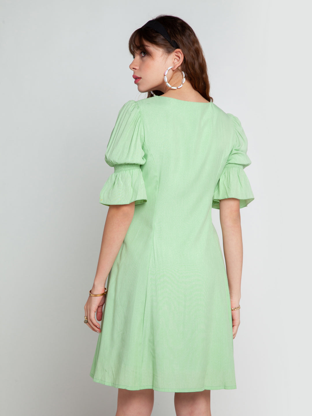 Green Solid Puff Sleeve Short Dress For Women