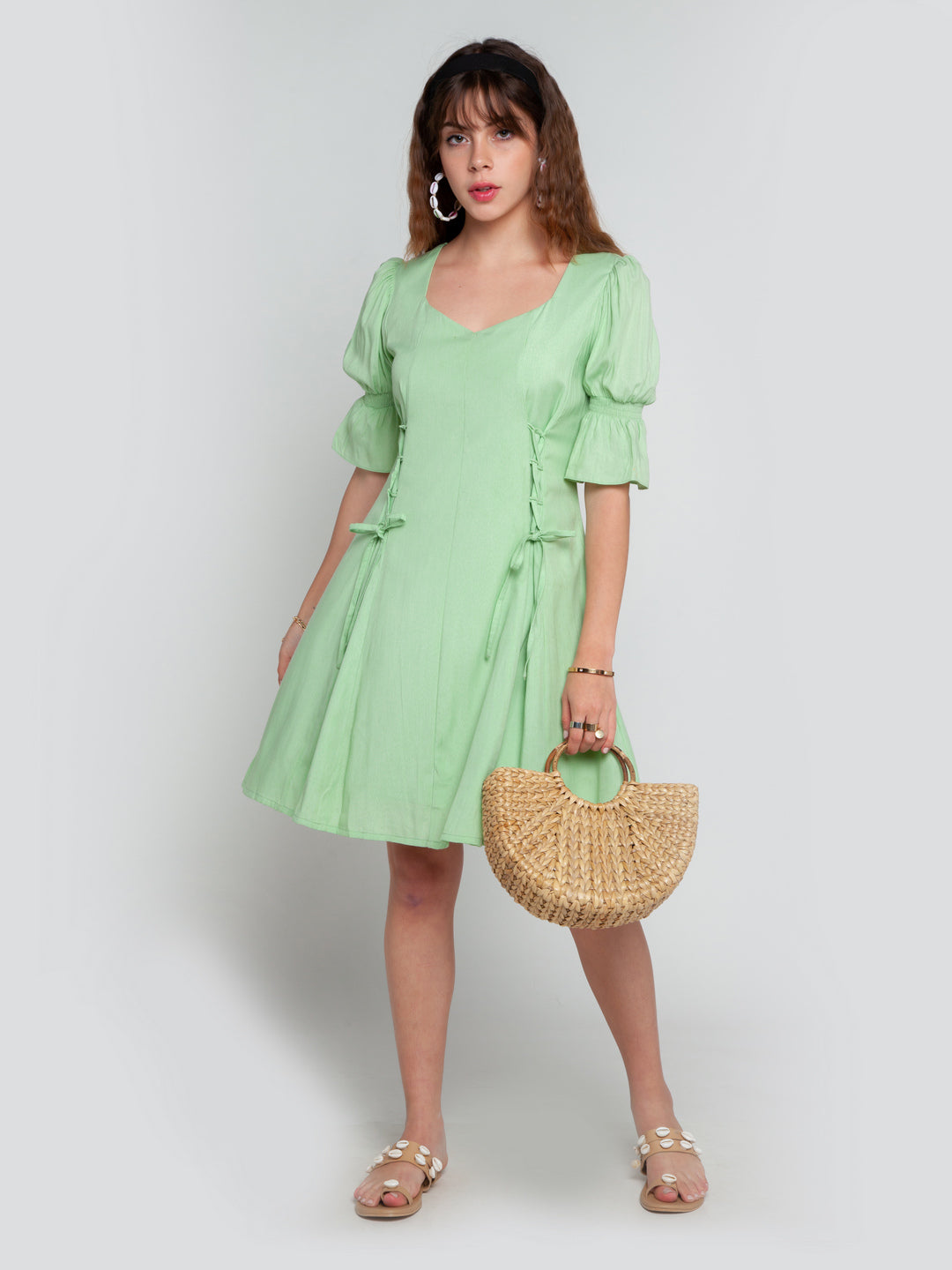 Green Solid Puff Sleeve Short Dress