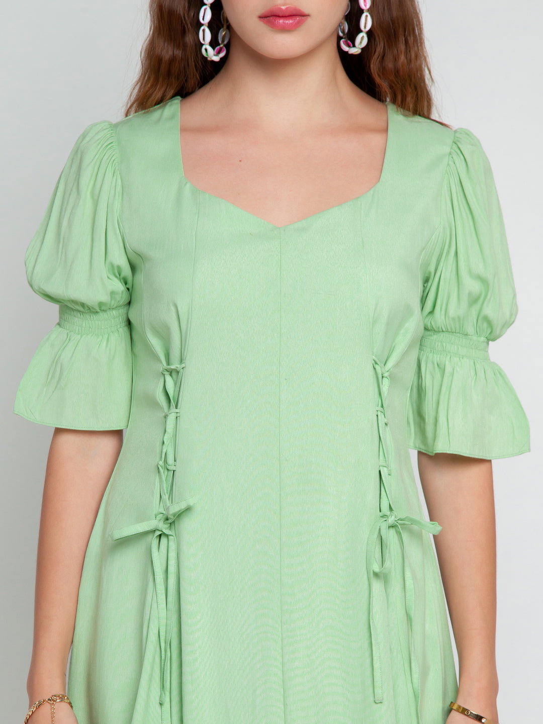 Green Solid Puff Sleeve Short Dress For Women