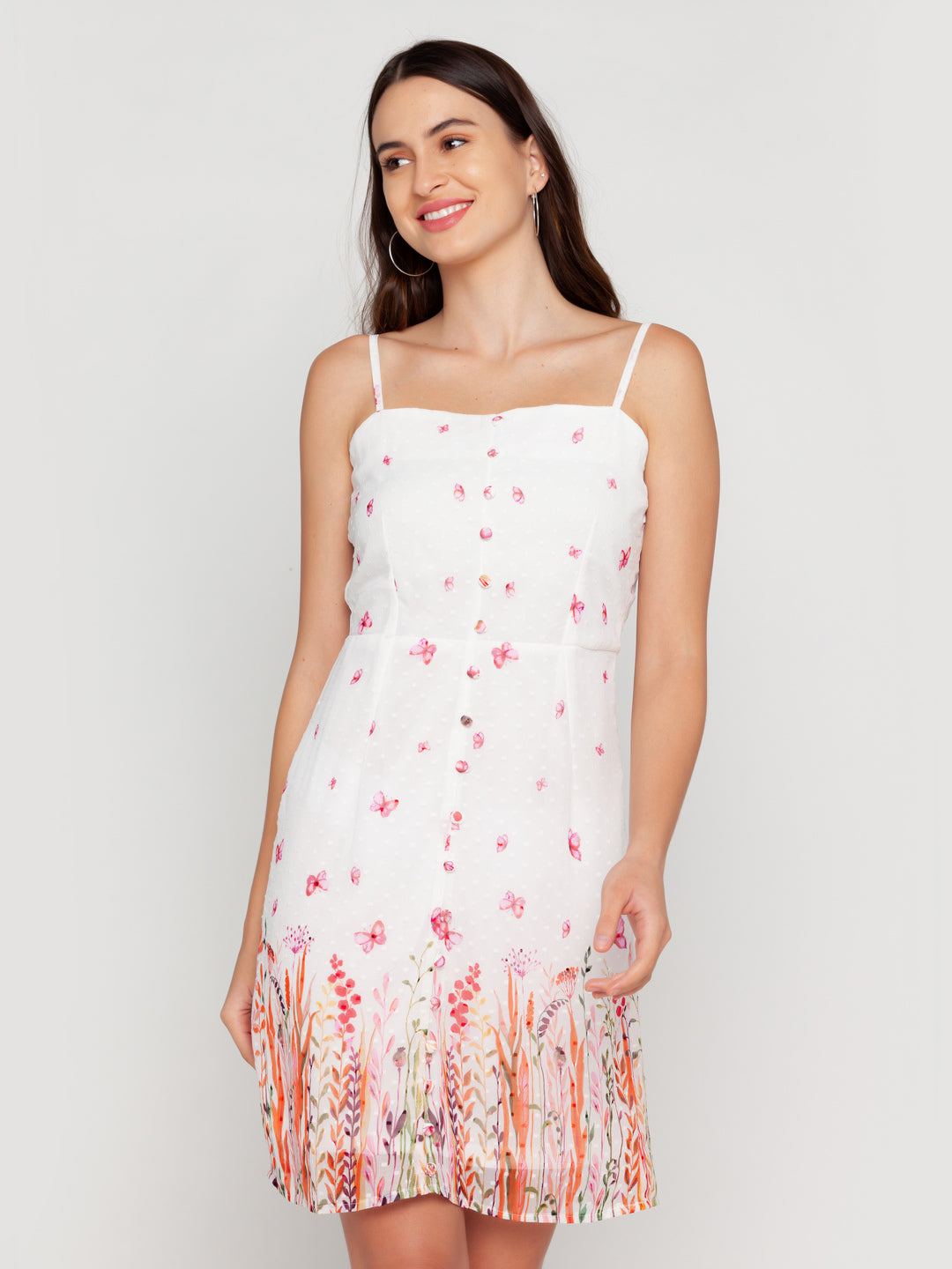 Off White Printed Strappy Short Dress For Women