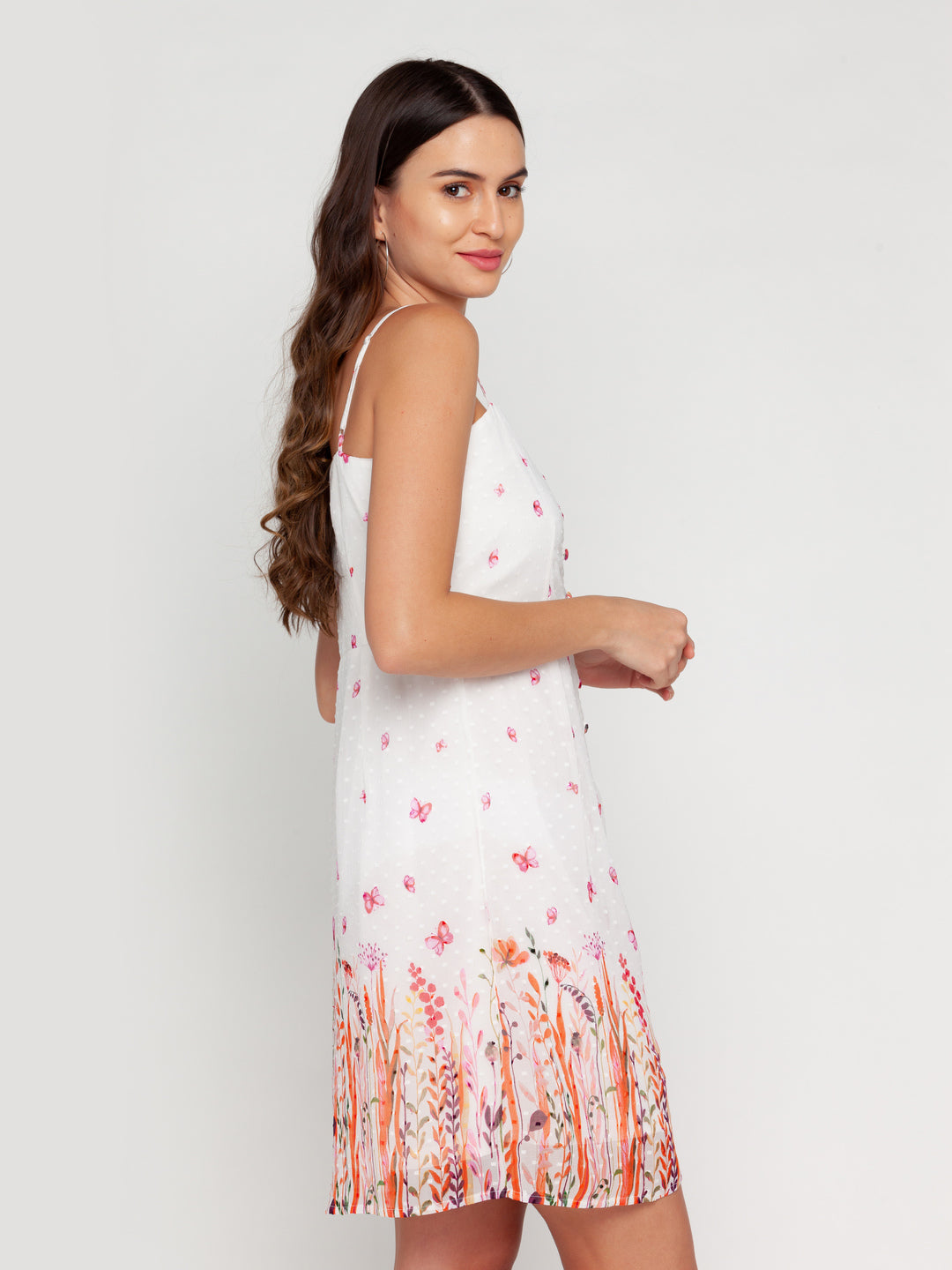 Off White Printed Strappy Short Dress For Women