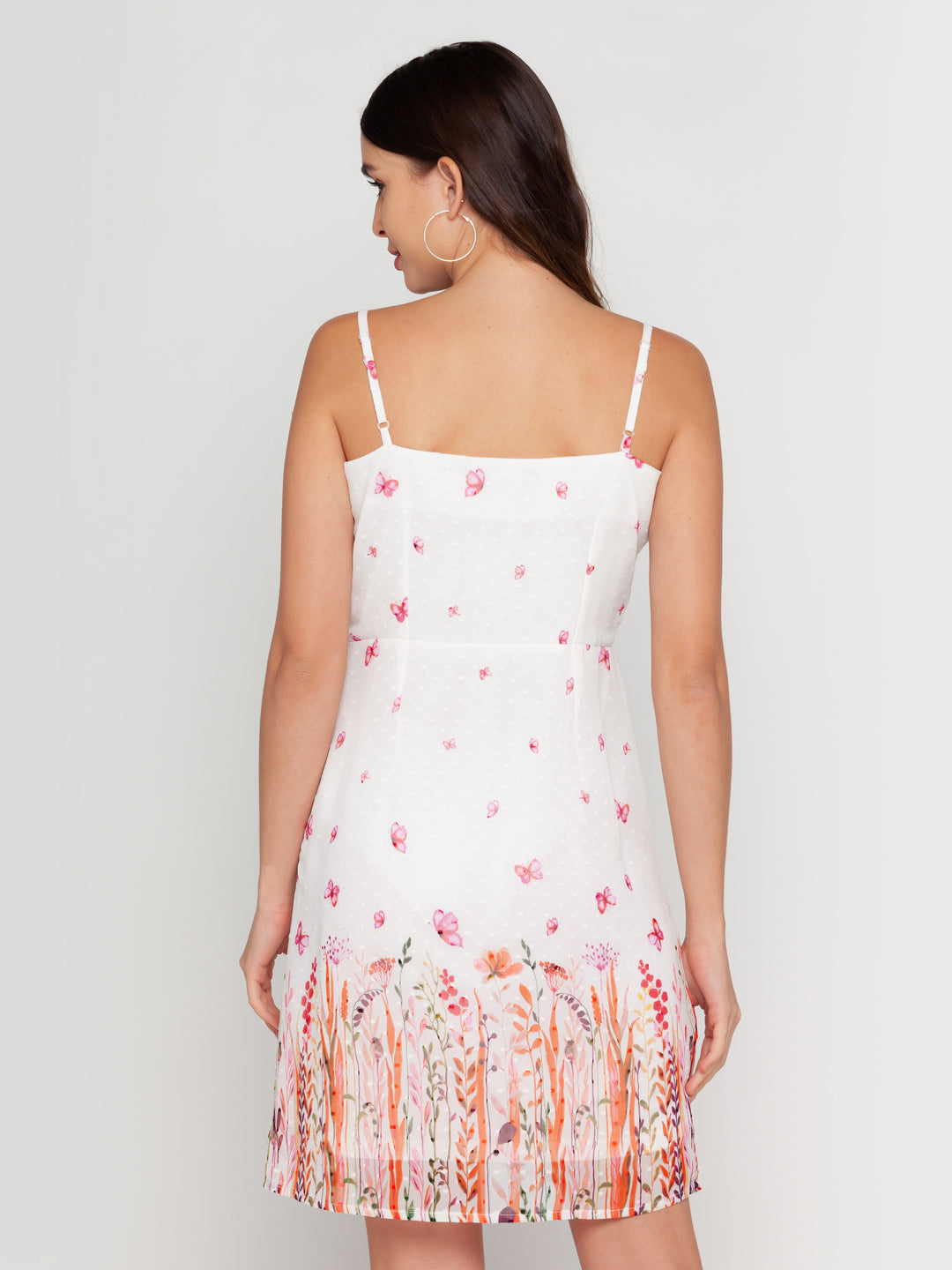Off White Printed Strappy Short Dress For Women