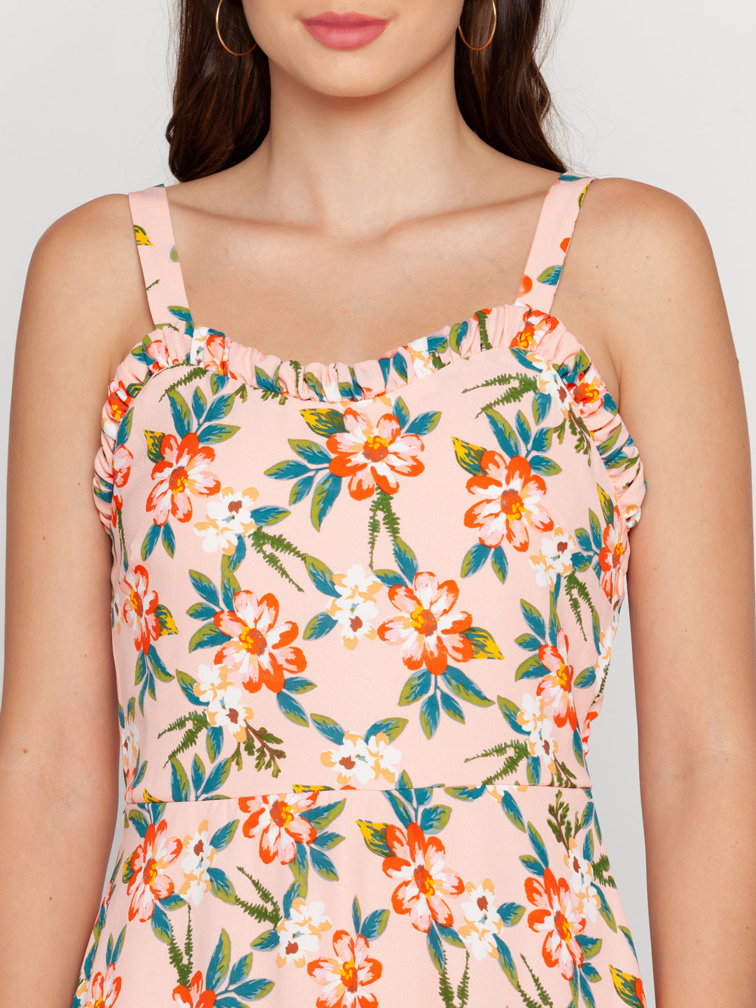 Peach Printed Strappy Maxi Dress For Women