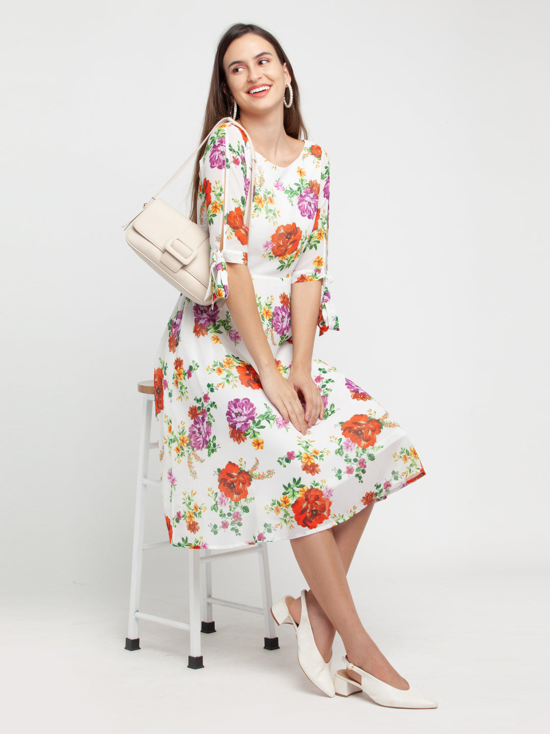 Off White Printed Tie-Up Midi Dress