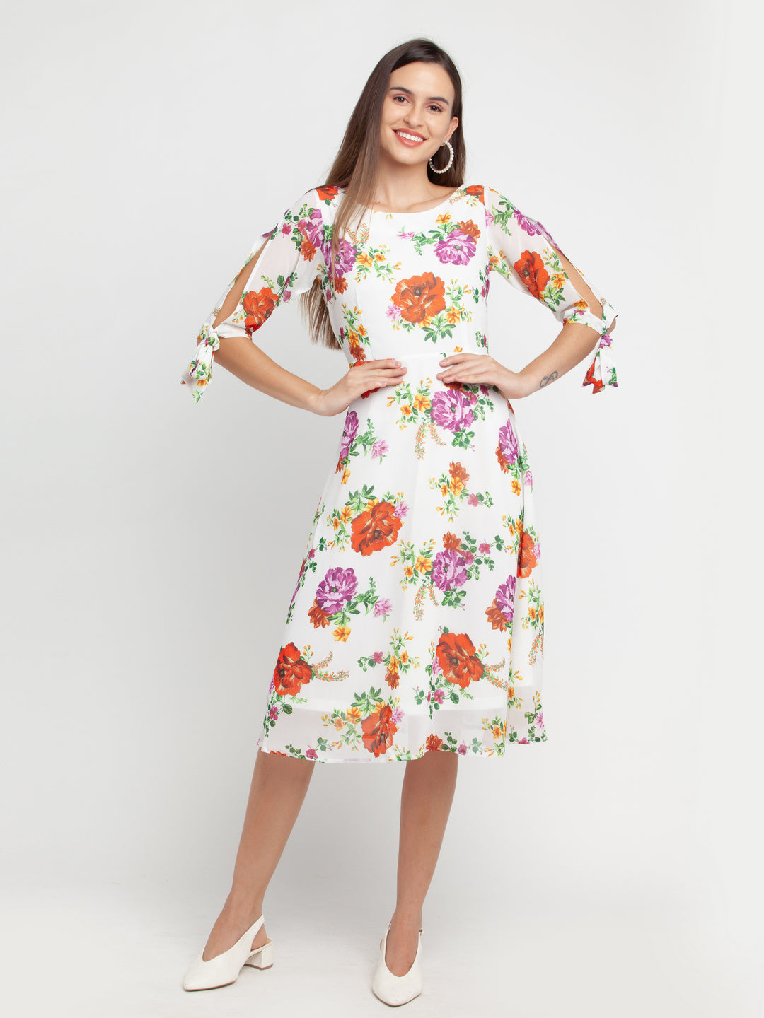 Off White Printed Tie-Up Midi Dress For Women