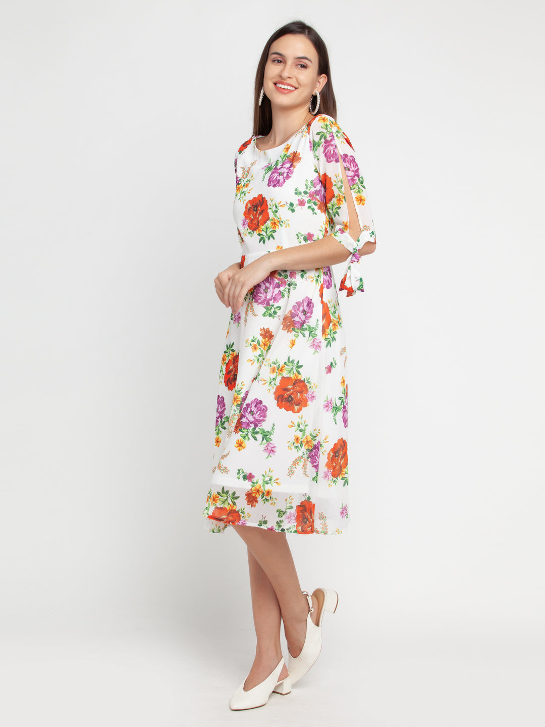 Off White Printed Tie-Up Midi Dress