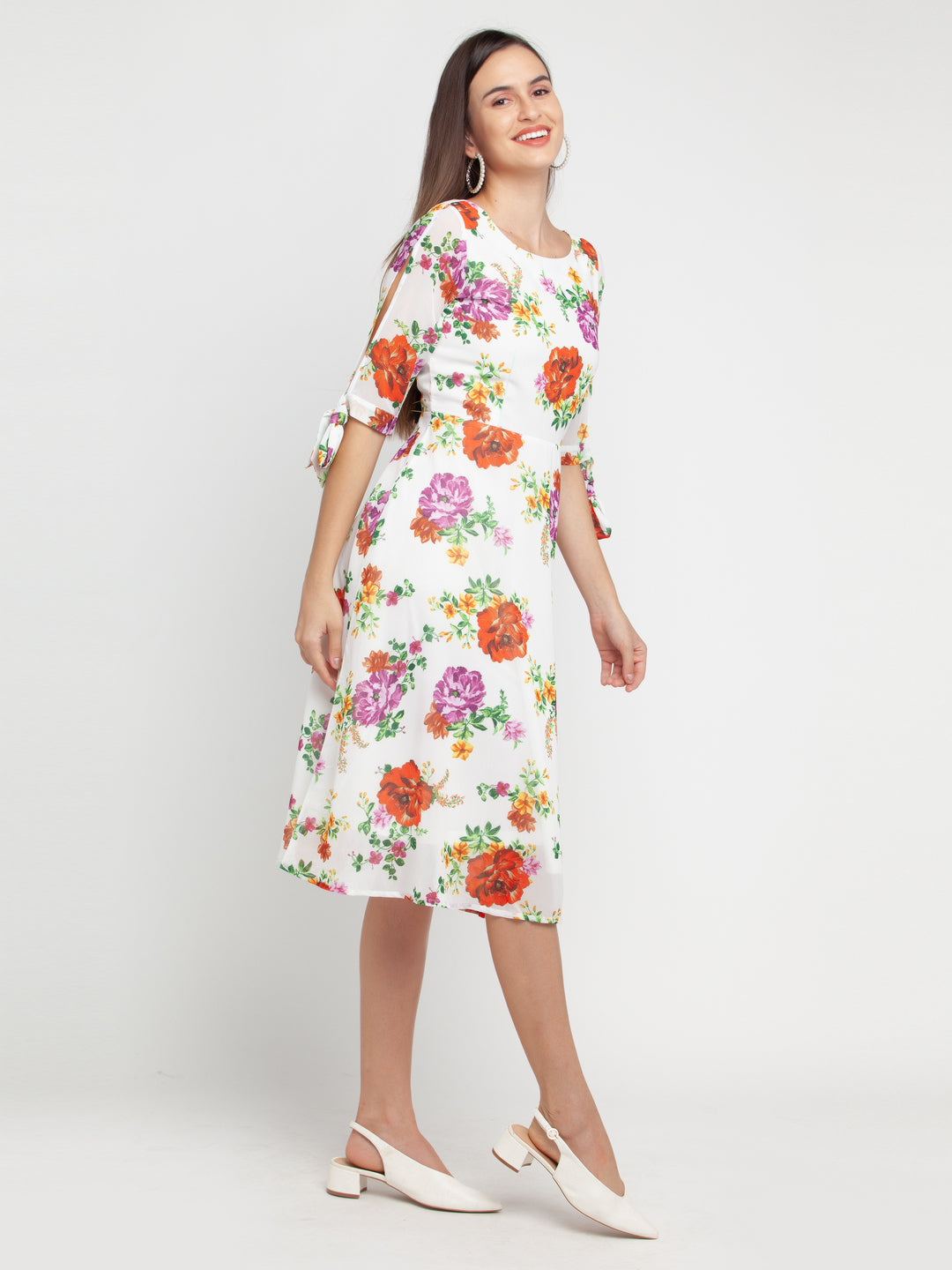 Off White Printed Tie-Up Midi Dress