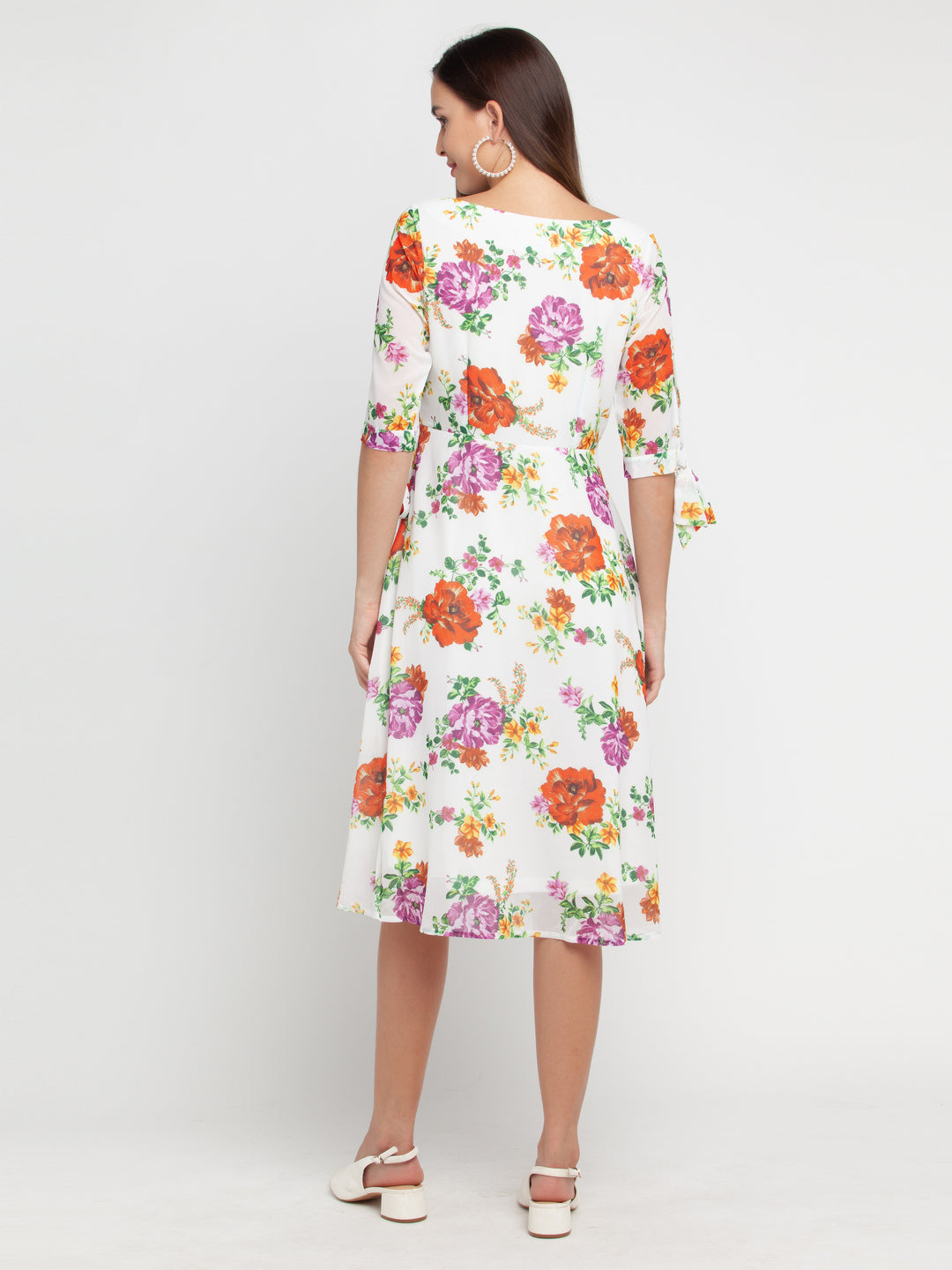 Off White Printed Tie-Up Midi Dress