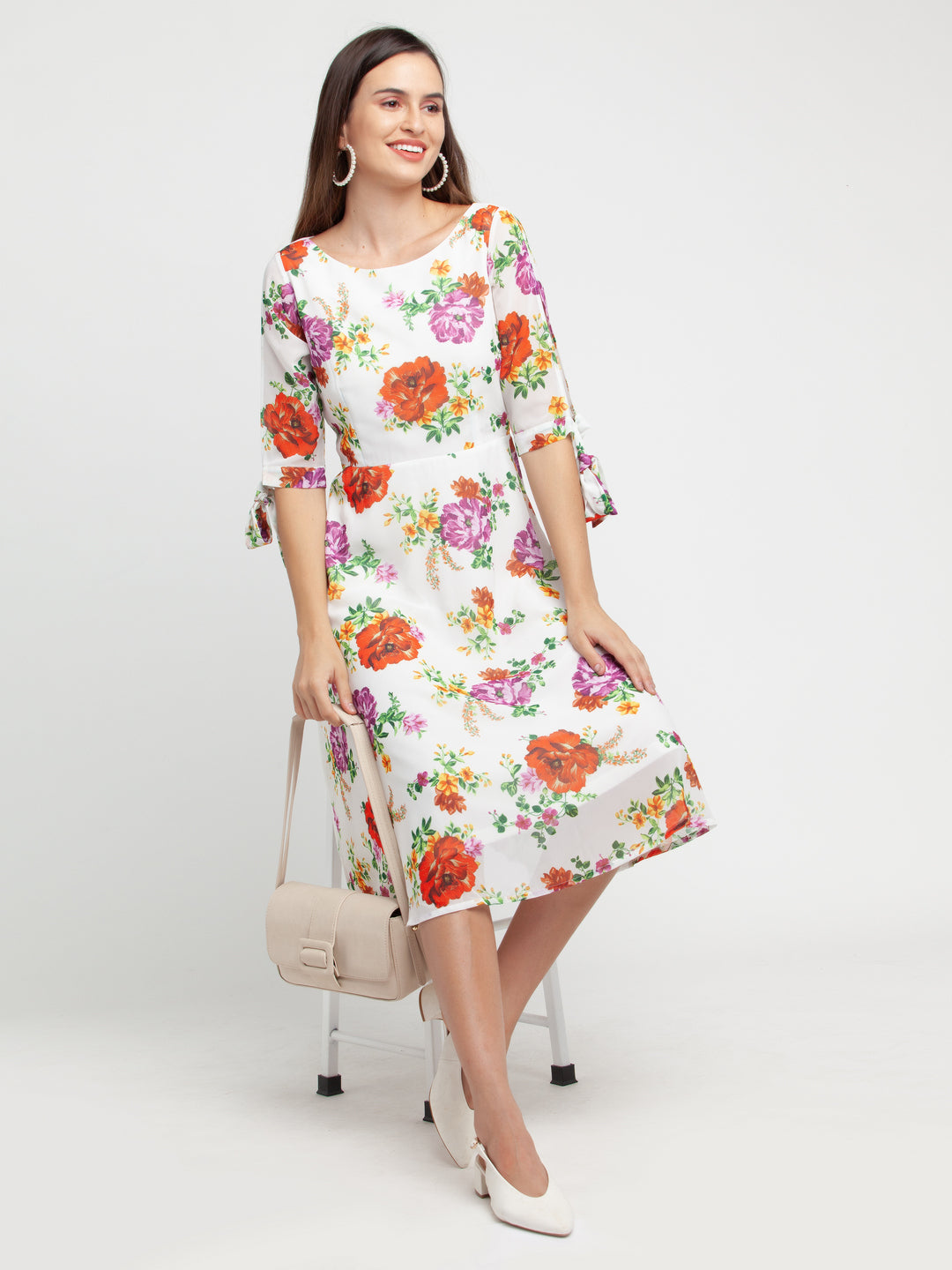 Off White Printed Tie-Up Midi Dress