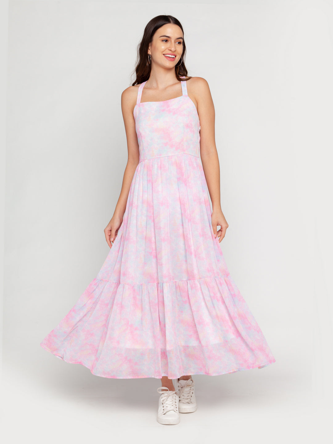 Pink Printed Tiered Maxi Dress