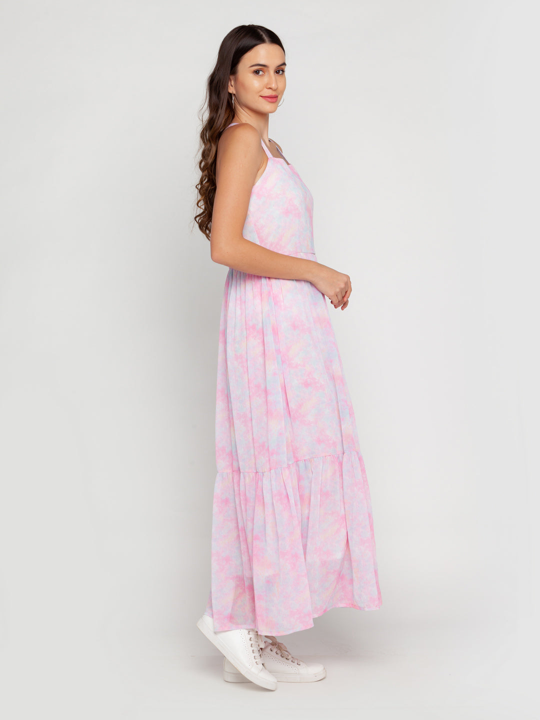 Pink Printed Tiered Maxi Dress