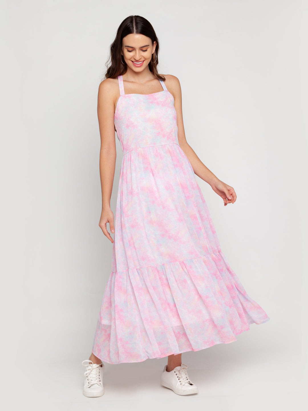 Pink Printed Tiered Maxi Dress