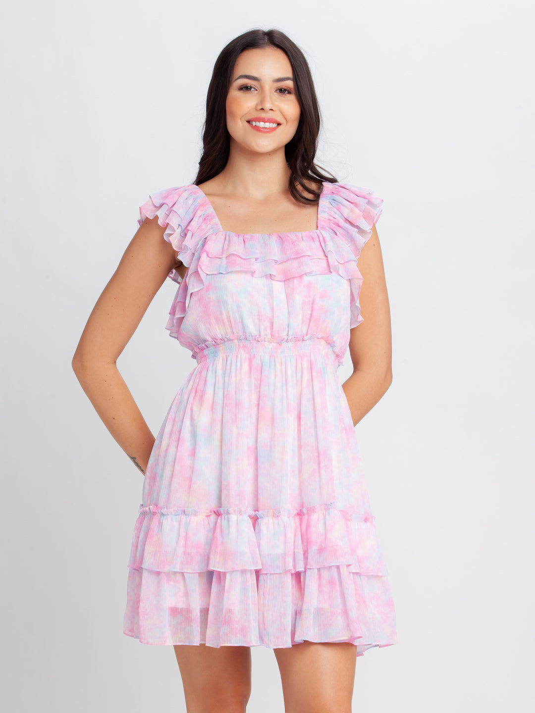 Pink Printed Tiered Short Dress