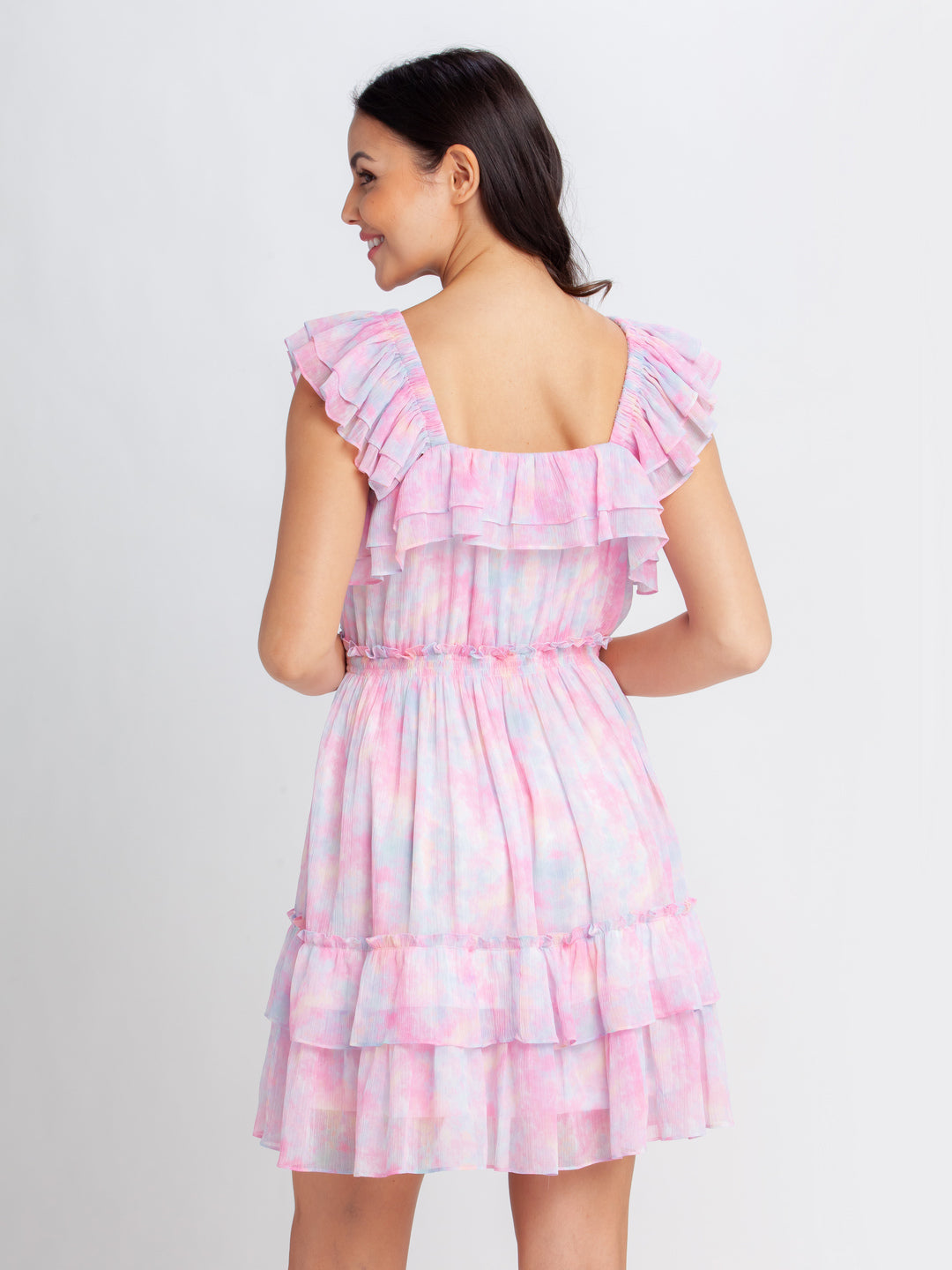 Pink Printed Tiered Short Dress