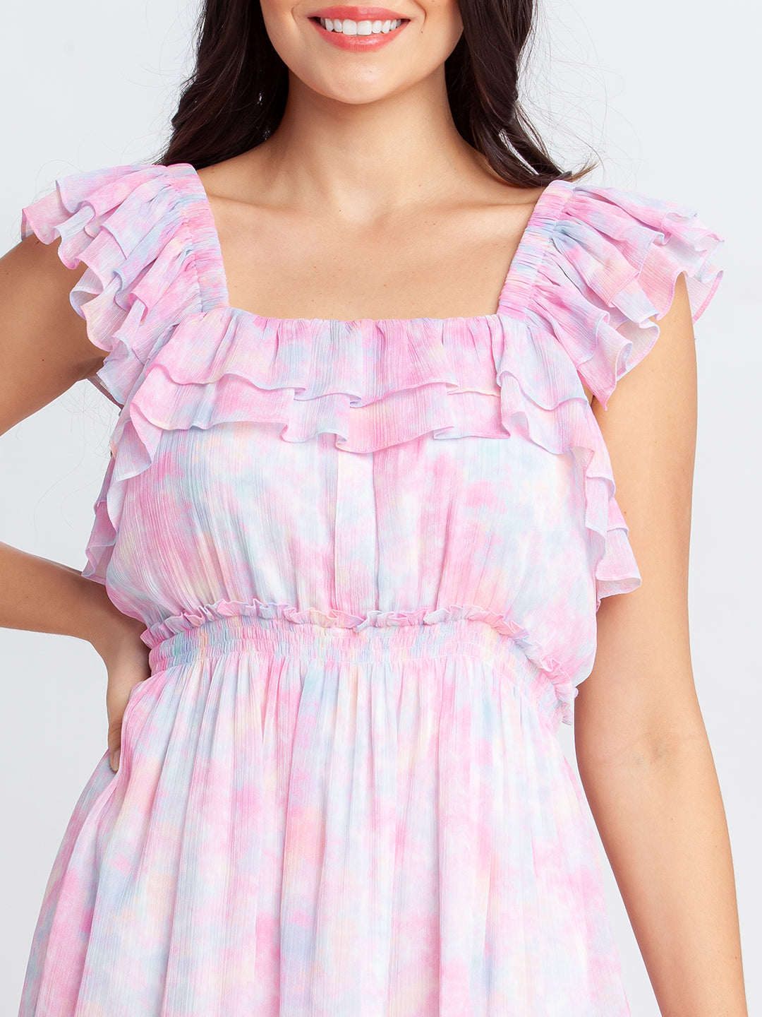 Pink Printed Tiered Short Dress