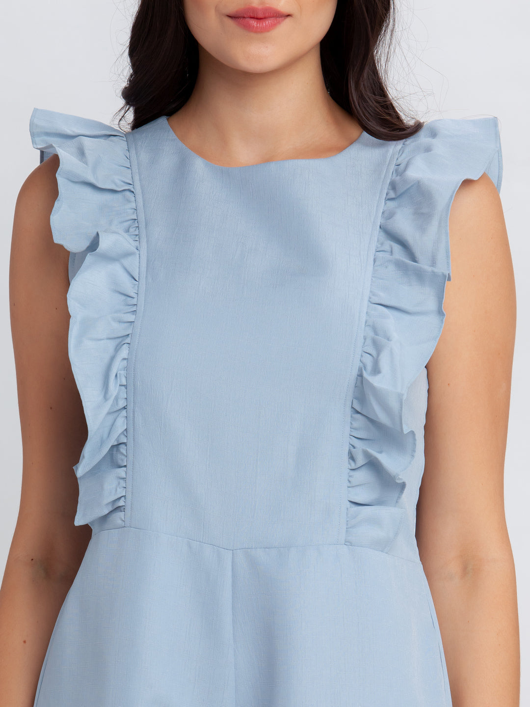 Blue Solid Ruffled Playsuit For Women