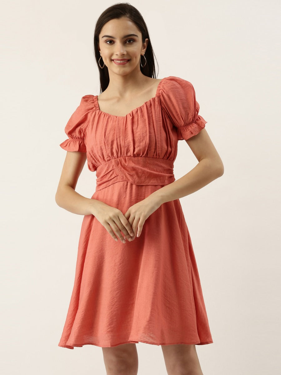 Peach Solid Puff Sleeve Short Dress For Women